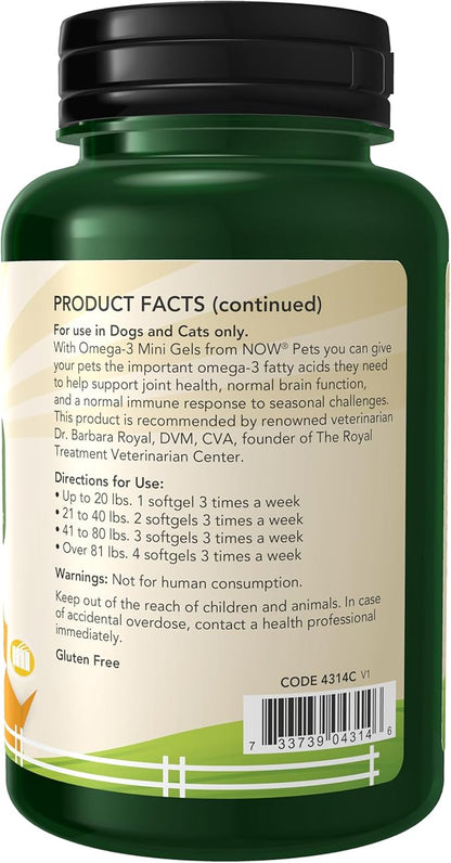 Now Pet Health, Omega 3 Mini Gels Supplement, Formulated for Cats & Dogs, NASC Certified, 150 Softgels