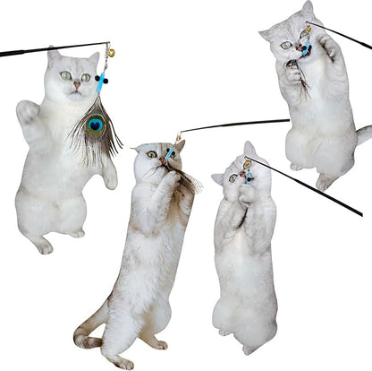 miwoowim Interactive Cat Toys - 10 PCS Cat Retractable Wand Toy and Feather Toys Refills, Enrichment Toys for Indoor Cats,Kitty Toys on a Stick,Kitten Toy Small Feather Insects