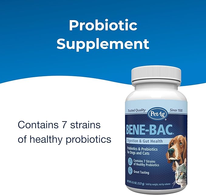PetAg Bene-Bac - 4.5 oz Powder - Probiotics for Dogs, Cats, Exotic & Wildlife Mammals
