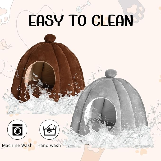 Cat Bed for Indoor Cats - Adorable Cozy Pumpkin Cat Cave with Removable Cushion, Super Soft Pet House Tent for Kittens & Small Pets, Warm & Washable Non-Slip Design(S 15 inch Brown)