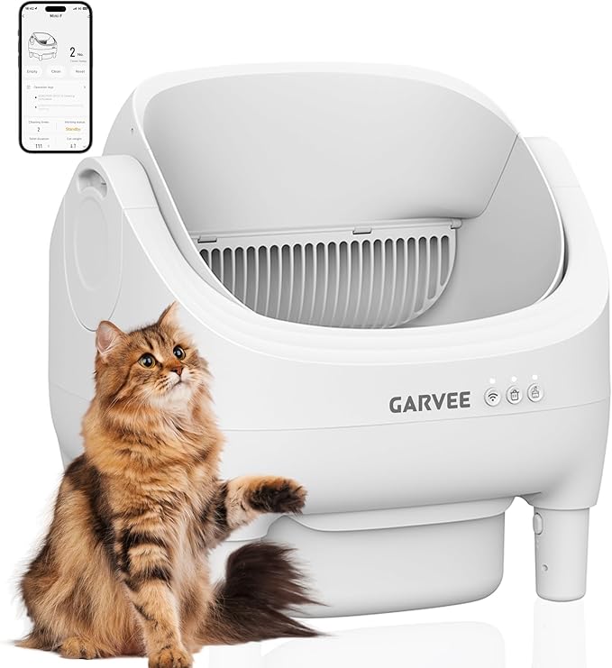 Self Cleaning Litter Box, Automatic Cat Litter Box with APP Control, Odor-Free Waste Disposal Includes Trash Bags, Large Waste Bin, Open-Top Automatic Litter Box for Multiple Cats, White