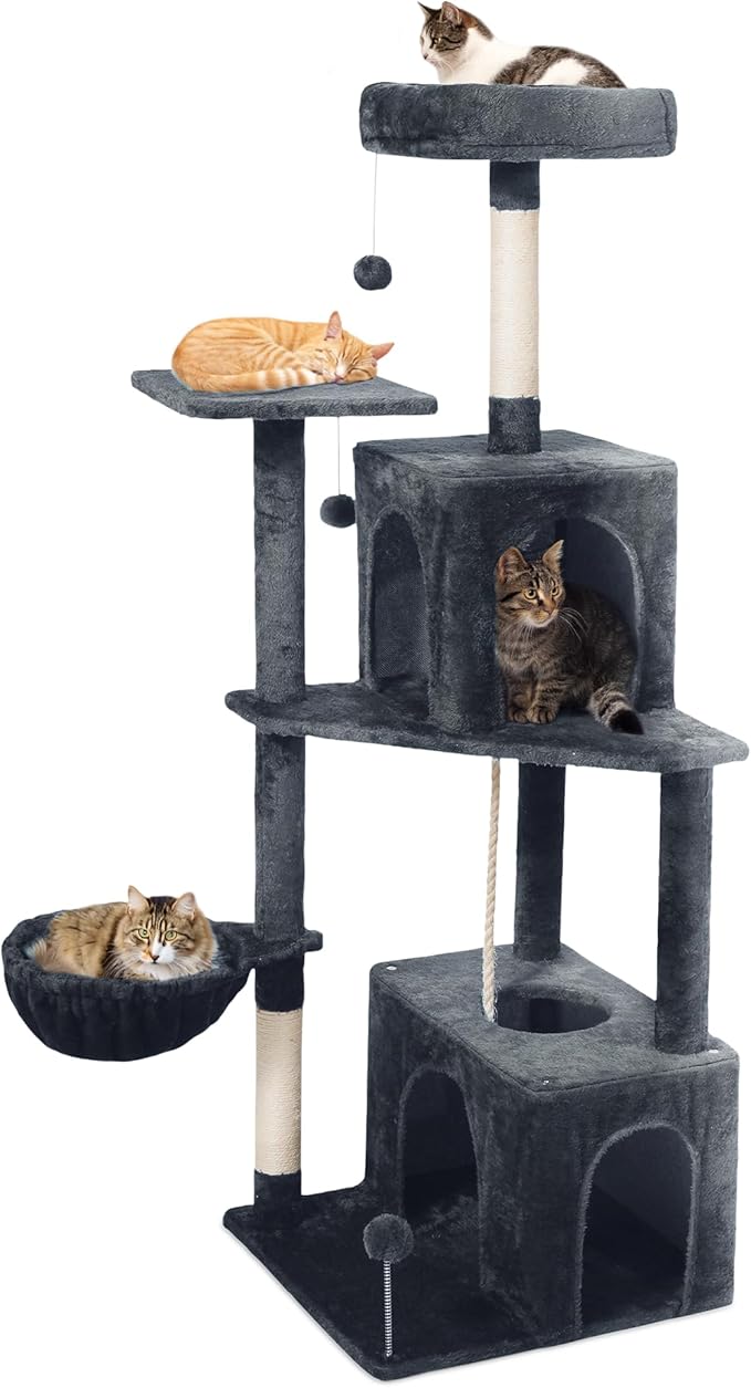 Cat Tree, 54-Inch Cat Tower for Indoor Cats, Soft Plush Multi-Level Climbing Cat Condo with Scratching Posts, Basket, Perches,2 Caves,2 Pompoms Play House for Cat(Dark Gray)