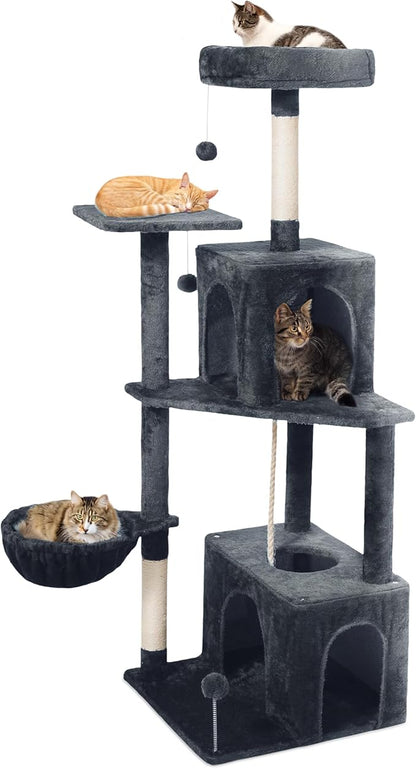 Cat Tree, 54-Inch Cat Tower for Indoor Cats, Soft Plush Multi-Level Climbing Cat Condo with Scratching Posts, Basket, Perches,2 Caves,2 Pompoms Play House for Cat(Dark Gray)