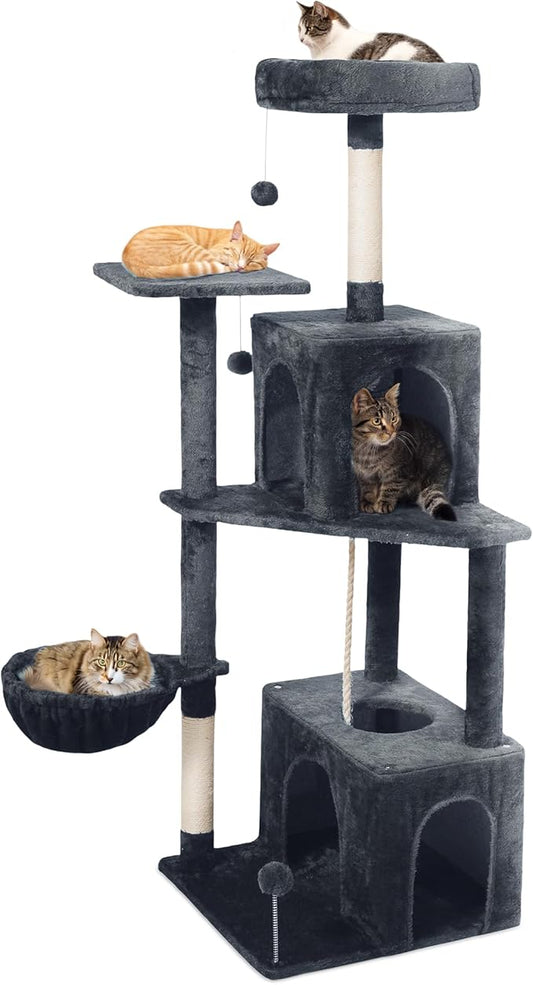 Cat Tree, 54-Inch Cat Tower for Indoor Cats, Soft Plush Multi-Level Climbing Cat Condo with Scratching Posts, Basket, Perches,2 Caves,2 Pompoms Play House for Cat(Dark Gray)