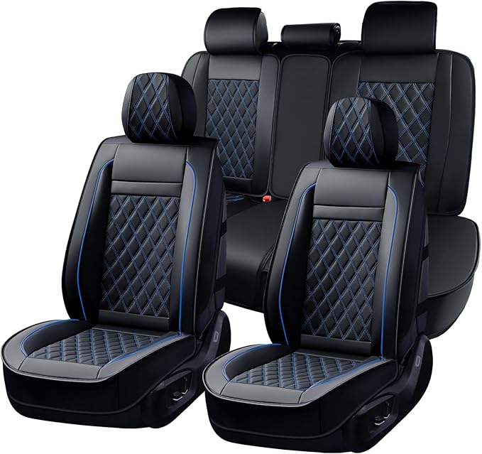 Huidasource Seat Covers Full Set, Nappa Leather Seat Cover, Hollowed-Out Side Compatible with Airbags Child Seat, Velcro Adjustable Universal Fit for Most Cars Vans Trucks SUVs (Full Set/Black＆Blue)