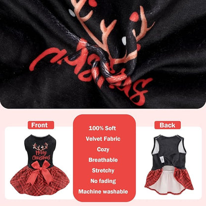CuteBone Christmas Dog Dresses Velvet Holiday Small Dogs Clothes Onesie Pet Apparel Girl Puppy Skirt with Bow Hair Rope CVA59XXS-D