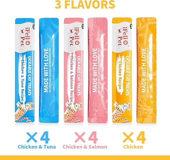 High-Meat Lickable Cat Treats Variety Pack – Real Chicken & Seafood – Smooth Creamy Purée – Grain-Free – (15g Each) (12)