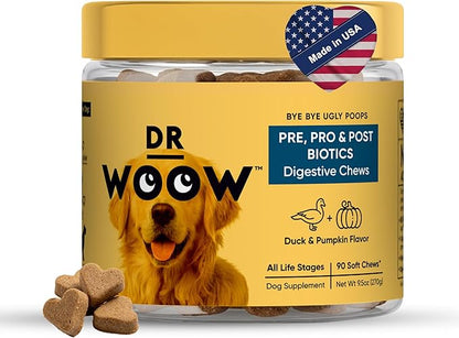 Probiotics Supplements for Dogs Soft Chews (90 CT) – Digestive Support + Gut Balance & Healthy Stool Support – Probiotics + Digestive Enzymes – Duck & Pumpkin Flavor – Made in USA