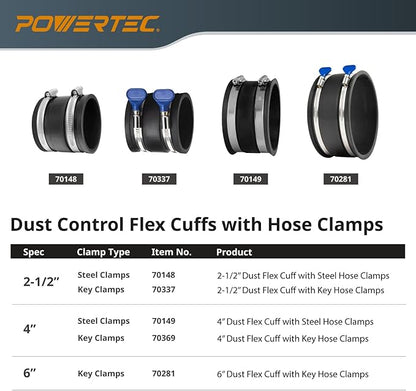 POWERTEC 6 Inch Dust Control Flex Cuff w/Adjustable Key Hose Clamps, 4 PK - Black Rubber Woodworking Dust Collection Accessory