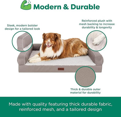 Furhaven Cooling Dog Sofa Bed – Memory Foam Couch with Bolsters, Textured Plush & Water-Resistant Cover, Washable Cover - Greige, Jumbo