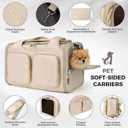 Dog, Cat Carrier for Pets Up to 12 Lbs, Airline Approved Collapsible Soft-Sided Pet Travel Bag with Locking Zippers, Breathable Mesh and 4 Large Pockets, Removable Fleece Pad (Beige)