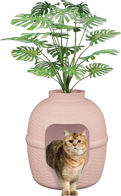 Cat Litter Box, Hidden Litter Box with Faux Plant, Heavy Duty Litterbox Enclosure Furniture with Rattan Pattern, PP Cat Box Enclosure Furniture for Living Room, Bedroom, Pink