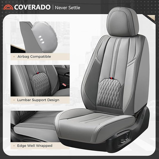 Coverado Car Seat Covers for Front Seat, Leather Seat Cover for Cars, Waterproof Seat Cover with Lumbar Support, Universal Car Seat Protector, Driver Seat Cushion Universal for Most Vehicles (Gray)