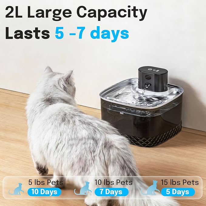 Wireless Cat Water Fountain, 2L Rechargeable Pet Fountain with Stainless Steel Tray, Ultra Quiet Pump, Motion Sensor & Anti-Dry Burn, Auto Water Dispenser for Cats Dogs, Black (1 Filter)