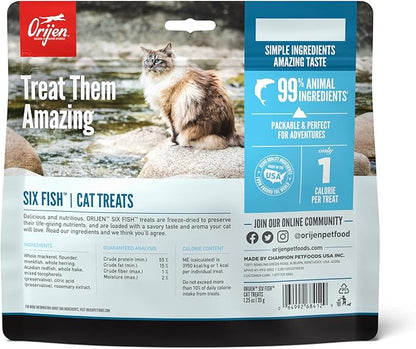 ORIJEN Freeze Dried Cat Treats Grain Free High Protein Raw Animal Ingredients Six Fish 1.25oz Bag