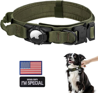 Tactical AirTag Dog Collar - Heavy Duty, Adjustable GPS Collar | Compatible with Apple AirTag, with Holder & Control Handle for Medium/Large Dogs [ Green, M ]