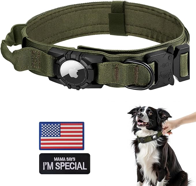 Tactical AirTag Dog Collar - Heavy Duty, Adjustable GPS Collar | Compatible with Apple AirTag, with Holder & Control Handle for Medium/Large Dogs [ Green, L ]