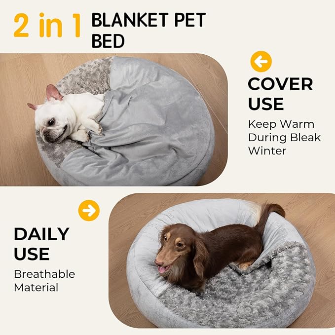 Small Dog Bed with Blanket Installation Required Removable Cover Cave Washable Cat Pet Bed for Crate Toy Puppy Donut Round Pad Plush Cozy Anti-Slip Bottom Gray 23X23X7 inch