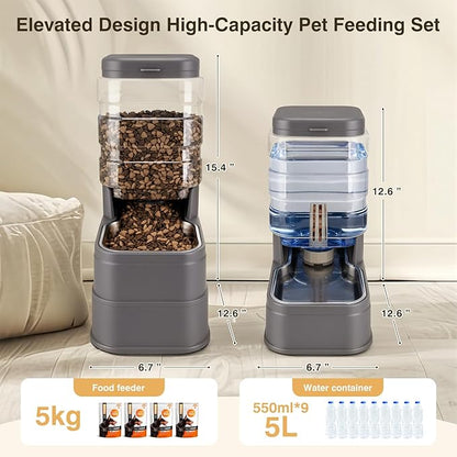 2 Pack Automatic Cat Feeder and Water Dispenser 1.3Gallon Dog Gravity Food Feeder and Water with Ice Pack Stainless Steel Dry Food and Waterer Bowl for Small Medium Large Pets (Grey)