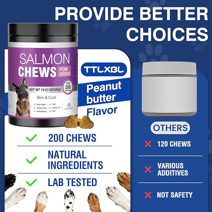 TTLXBL Omega 3 Skin and Coat Supplement for Dogs 200 Chews Dog Fish Oil Supplements with EPA & DHA Fatty Acids Dry Skin Relief for Dogs Shedding Allergy Itching Promotes Heart Hip Joint(Peanut Butter)