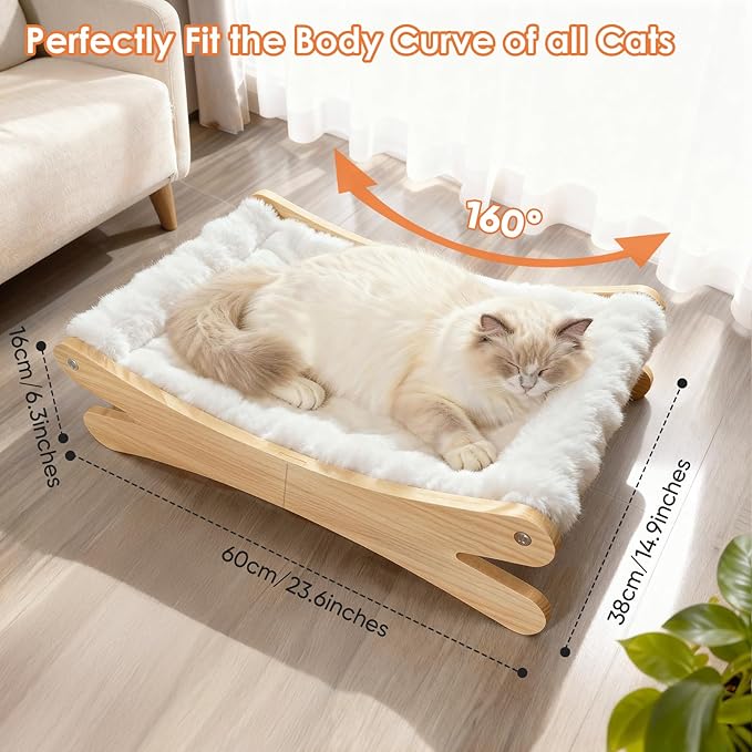 Plush Elevated Cat Bed - Cozy Raised Cat Hammock with Solid Wood Frame, Soft Furry Cushion for Indoor Cats & Small Dogs, Multi-Color Options(White)
