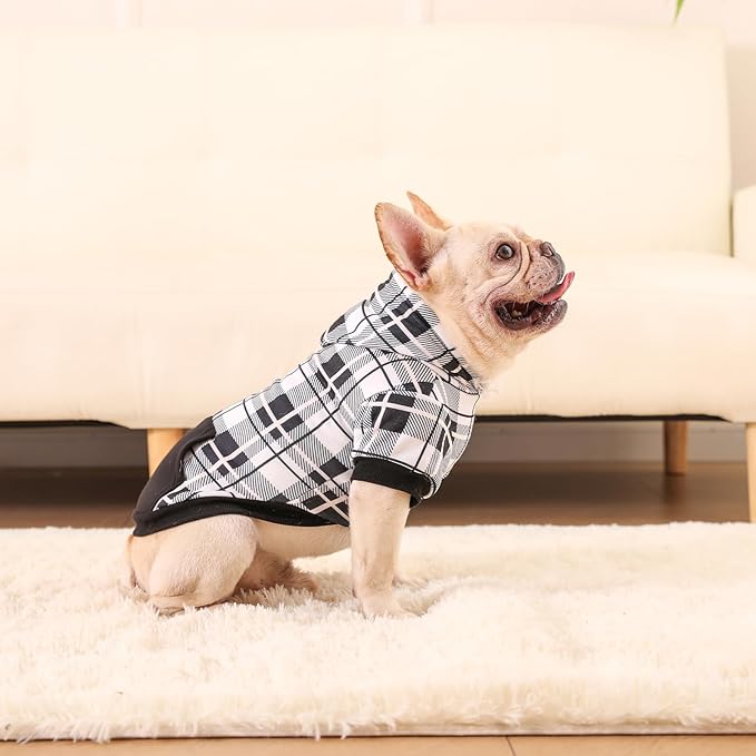 EXPAWLORER Plaid Dog Hoodie - British Style Warm Dog Sweater Shirt with Leash Hole,Pitbull Clothes Outfits,Winter Coat Apparel for All Breeds Puppy Girl Boy-Cat Apparel,Black & White Small