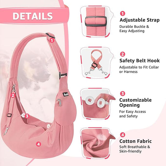 SlowTon Dog Carrier Sling - Thick Padded Shoulder Strap Adjustable Dog Carriers for Small Dogs, Puppy Carrier Purse for Pet Cat with Front Zipper Pocket Safety Belt Machine Washable (Peach, S)