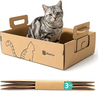 3-Pack Large Disposable Cat Litter Box, Recyclable Cardboard, Waterproof & Leak-Resistant, Portable for Travel, Temporary and Home Use