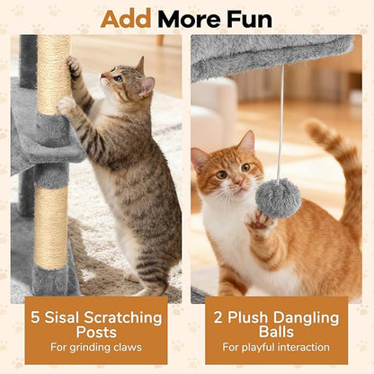 DORTALA 75" Tall Modern Cat Tree, Multi-Level Cat Tower with Large Condos, Sisal Scratching Posts, Top Perch, Hammock, Dangling Balls, Kitten Beds & Climbing Furniture for Indoor Cats (Light Grey)
