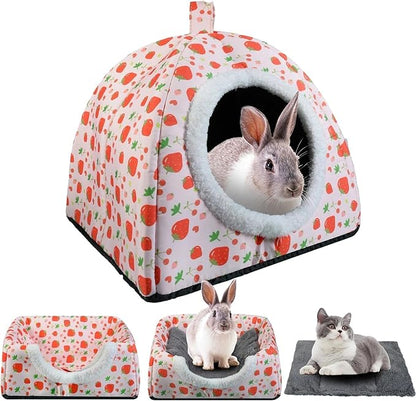 Warm Rabbit Hideout, Washable Bunny Bed & Hideaway House with Strawberry Design, Cozy Fleece Hut for Indoor Rabbits Guinea Pigs and Other Small Animals