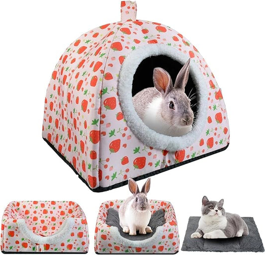 Warm Rabbit Hideout, Washable Bunny Bed & Hideaway House with Strawberry Design, Cozy Fleece Hut for Indoor Rabbits Guinea Pigs and Other Small Animals