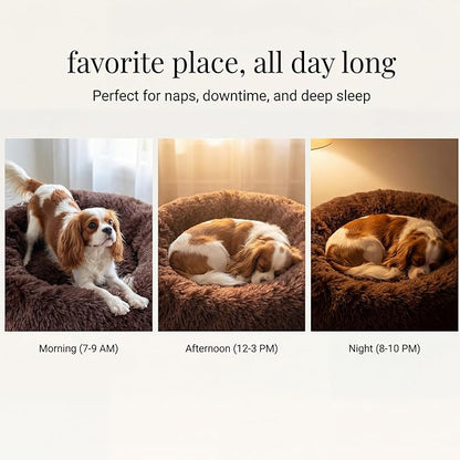 Calming Dog Bed for Medium Dogs Washable Donut 30 inches Anti-Slip Pet Bed,Round Fluffy Plush Faux Fur Cat Bed,Fits up to 45 lbs Pets,Chocolate Brown