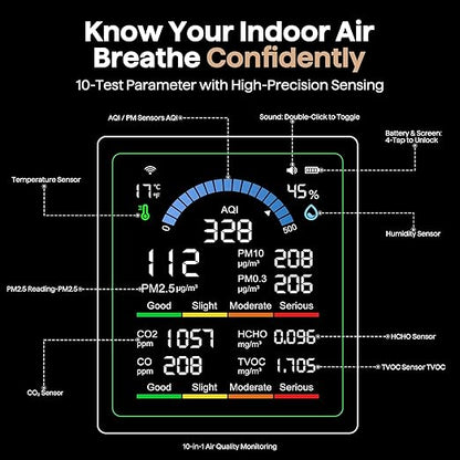 Air Quality Monitor Indoor, 10 in 1 Portable Smartair Quality Tester for CO2 | CO | TVOC | HCHO | Temp | AQI | PM0.3-1 Detection Hum for Home Cars Plants, Pets, Car, Hotel
