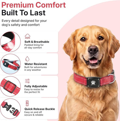 GPS Dog Collar Tracker 2-in-1,Reflective Waterproof Pet Collar,iOS-Only,No Monthly Fees,Unlimited Range,Dog Tracking Collar Pet Tracker,for Small Medium Large Dogs(S (12.5"-16"), Red)