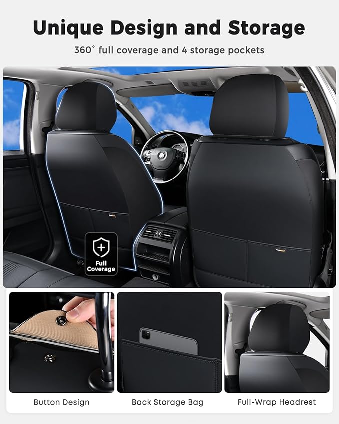 Huidasource Seat Covers, Car Seat Covers Nappa Leather with Lumbar Support, Side Elastic Fabric, Velcro Adjustable, Airbag, Ventilation Heating Child Seat Universal Fit for Most Cars SUV Trucks, Black