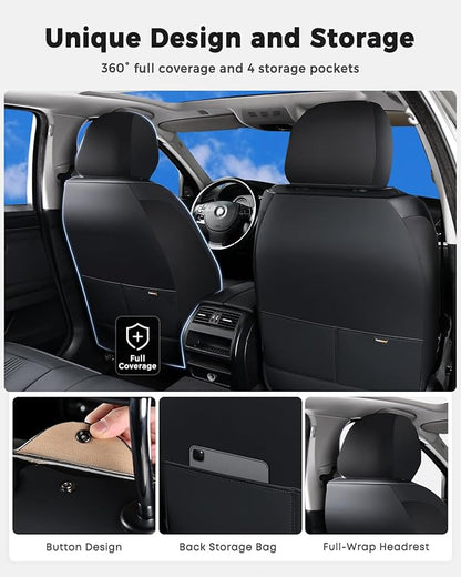 Huidasource Seat Covers, Car Seat Covers Nappa Leather with Lumbar Support, Side Elastic Fabric, Velcro Adjustable, Airbag, Ventilation Heating Child Seat Universal Fit for Most Cars SUV Trucks, Black