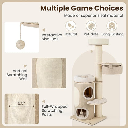 PETSITE 61 inch Cat Tree Tower, Multi-Level Wooden Cat Tower with Sisal Scratching Posts & Board, 2-Tier Condo, 2 Perches, Side Basket, and Interactive Sisal Ball