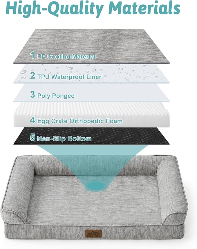 COZY KISS Cooling Dog Bed, Orthopedic Foam Dog Bed with Sides, Removable Washable Cover & Waterproof Lining and Nonskid Bottom, Comfortable Pet Beds for Large Dogs, Grey (42" L x 30" W x 7" Th)
