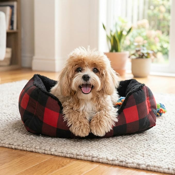 Hollypet Printed Flannel Rectangle Plush Dog Cat Bed Self-Warming Pet Bed, Red Checked