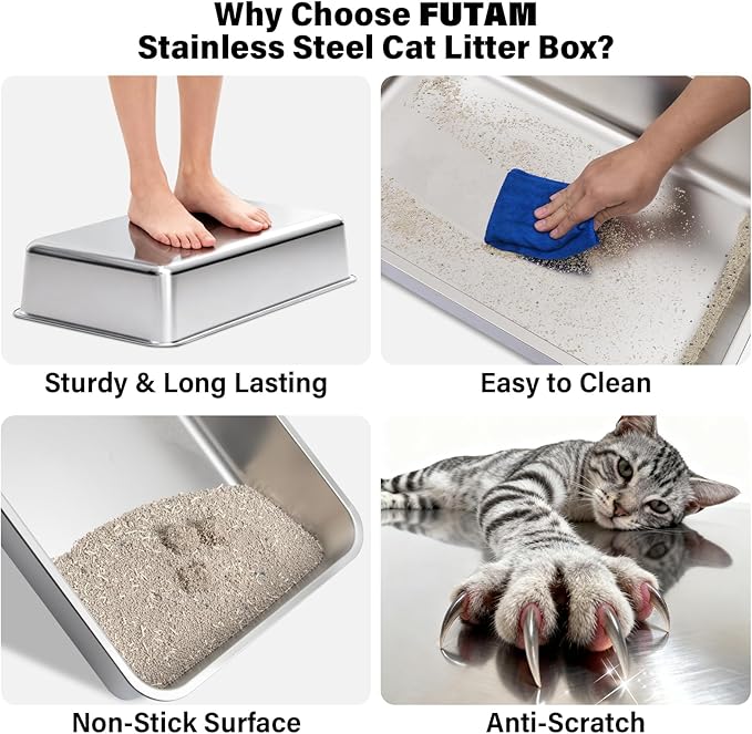 Medium Stainless Steel Litter Box with Lid, Metal Cat Litter Box with Covered, Easy Clean Non Stick No Smell