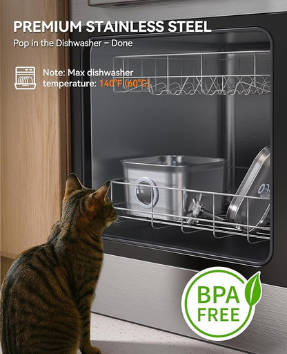Stainless Steel Cat Water Fountain, 99oz/2.8L Auto Pet Drinking Fountain with 20dB Ultra-Quiet Pump- Ideal for Timid Pets, LED Water Level Window, Dishwasher Safe, 24/7 Circulating Flow - FEELNEEDY