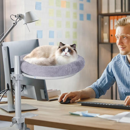 Cat Desk Bed,Steel Cat Bed for Desk,Up and Down Available,360° Rotating, Shelf Height Adjustable, Desktop Attachment Cats Nest Perch Hammock for Office Game Tables, Supports 40lb (Dark Gray