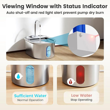 Stainless steel pet water bowl with viewing window and status indicator lights on a wooden surface.