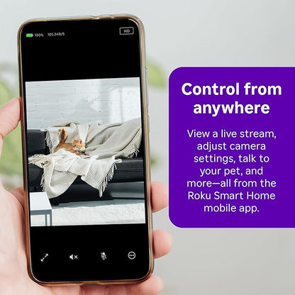 Roku Indoor Camera - Home Security - 1-Pack - Wired Security Camera & Pet Monitor with 1080p HD Color Night Vision, Works with Alexa & Google, Motion & Sound Detection, WDR & WiFi 6