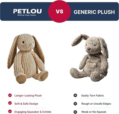 Pet Lou 15 Inch Rabbit Dog & Cat Plush Toy, Durable 2-Layer Corduroy Fabric with Puncture-Proof Squeaker & Crinkle Paper, Soft Heavy-Weight Plush Chew Toy