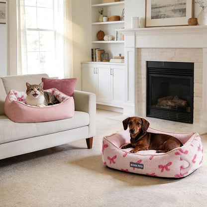 Mora Pets Reversible Dog Bed for Small Medium Dogs Large Cat Bed Washable - Cool & Warm 2-in-1 Anti Anxiety Calming Pet Bed for Summer, Rectangle Puppy Bed with Cute Pink Bow (25''x21''x7'')