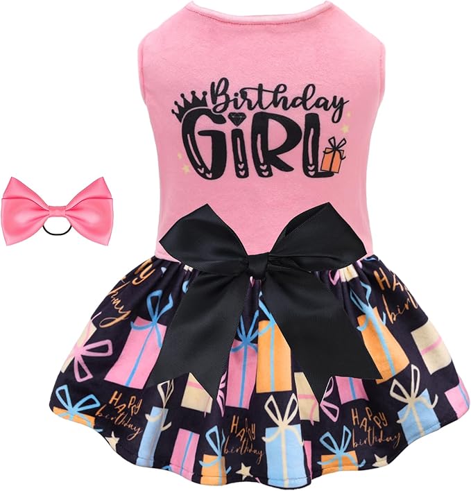 CuteBone Birthday Dog Dresses Velvet Holiday Small Dogs Clothes Onesie Pet Apparel Girl Puppy Skirt with Bow Hair Rope CVA48M-D