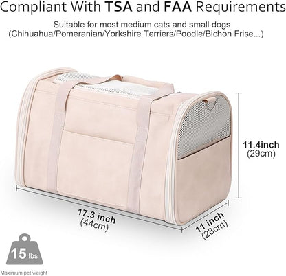 Lasaviin Fashion Leather Dog Carrier Cat Carrier Airline Approved Pet Carrier for Small Medium Dogs Cats Under 15Lbs, Collapsible Soft Sided Travel Puppy Carrier White