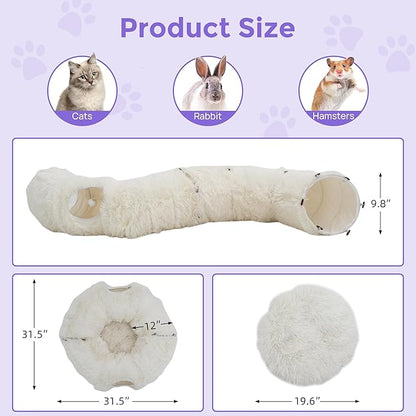 Plush Cat Tunnel Bed for Indoor Cats with Soft Cushion, Multi-Shape Play Cave with Hanging Balls, Large and Foldable Cat Donut Tunnel for Small and Large Pets (White)