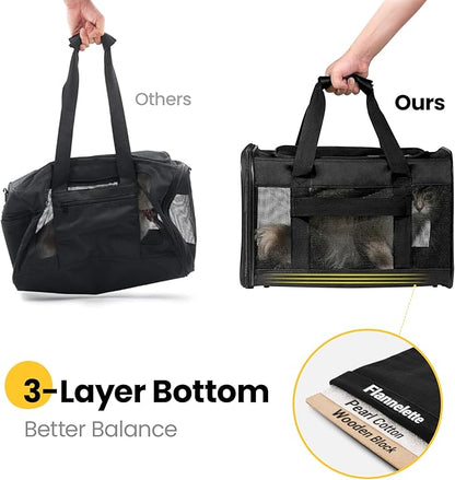 Conlun Cat Carrier Airline Approved, Soft-Sided Dog Carrier with Inner Safety Leash, Pet Transport Carrier for Small-Medium Cats Puppies up to 15 Lbs, Collapsible Travel Kitten Carrier Bag -BlackM